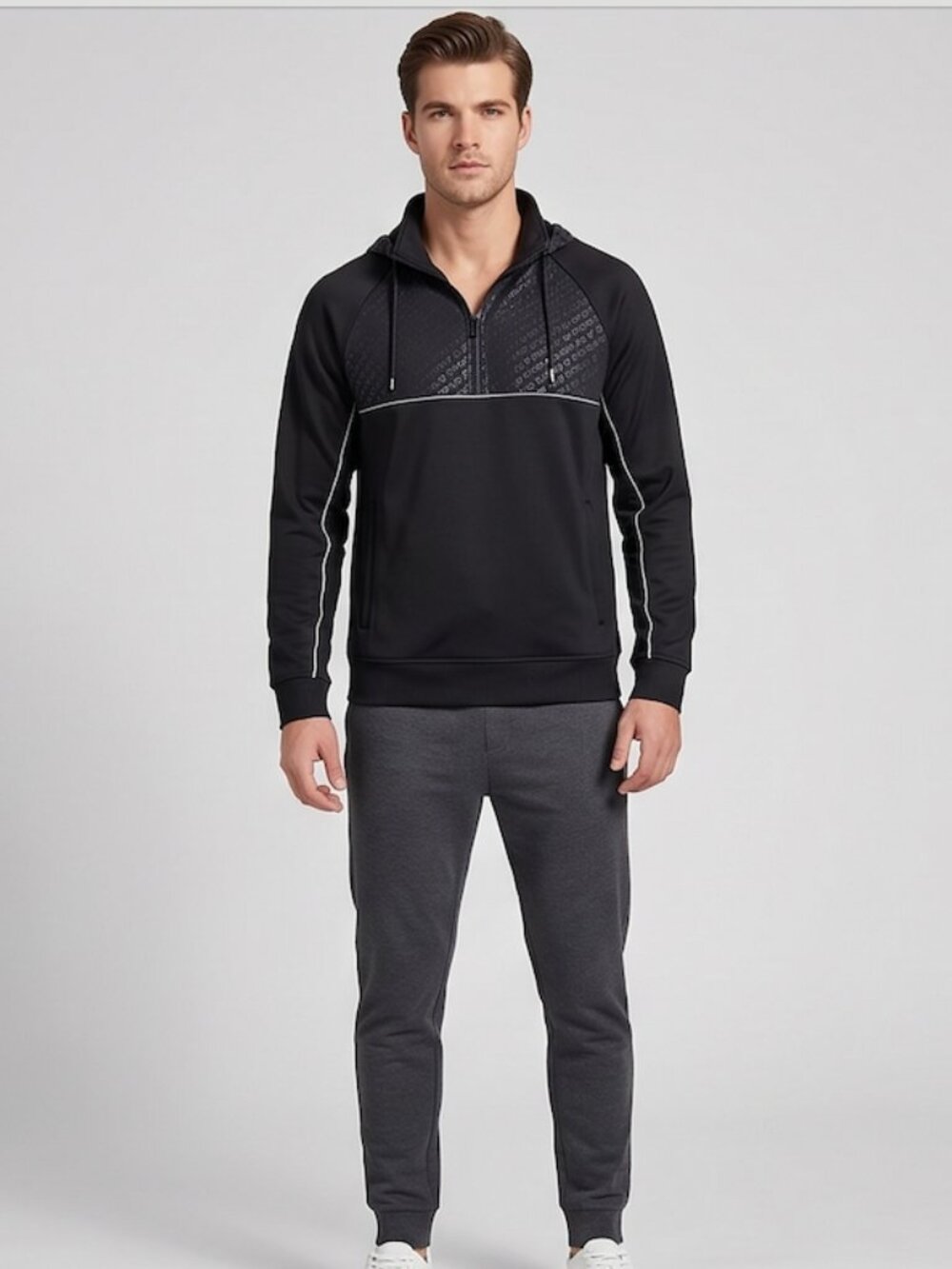 GUESS Men's Black Quarter-Zip Monogram Pullover | Embossed Logo Hoodie Jacket |